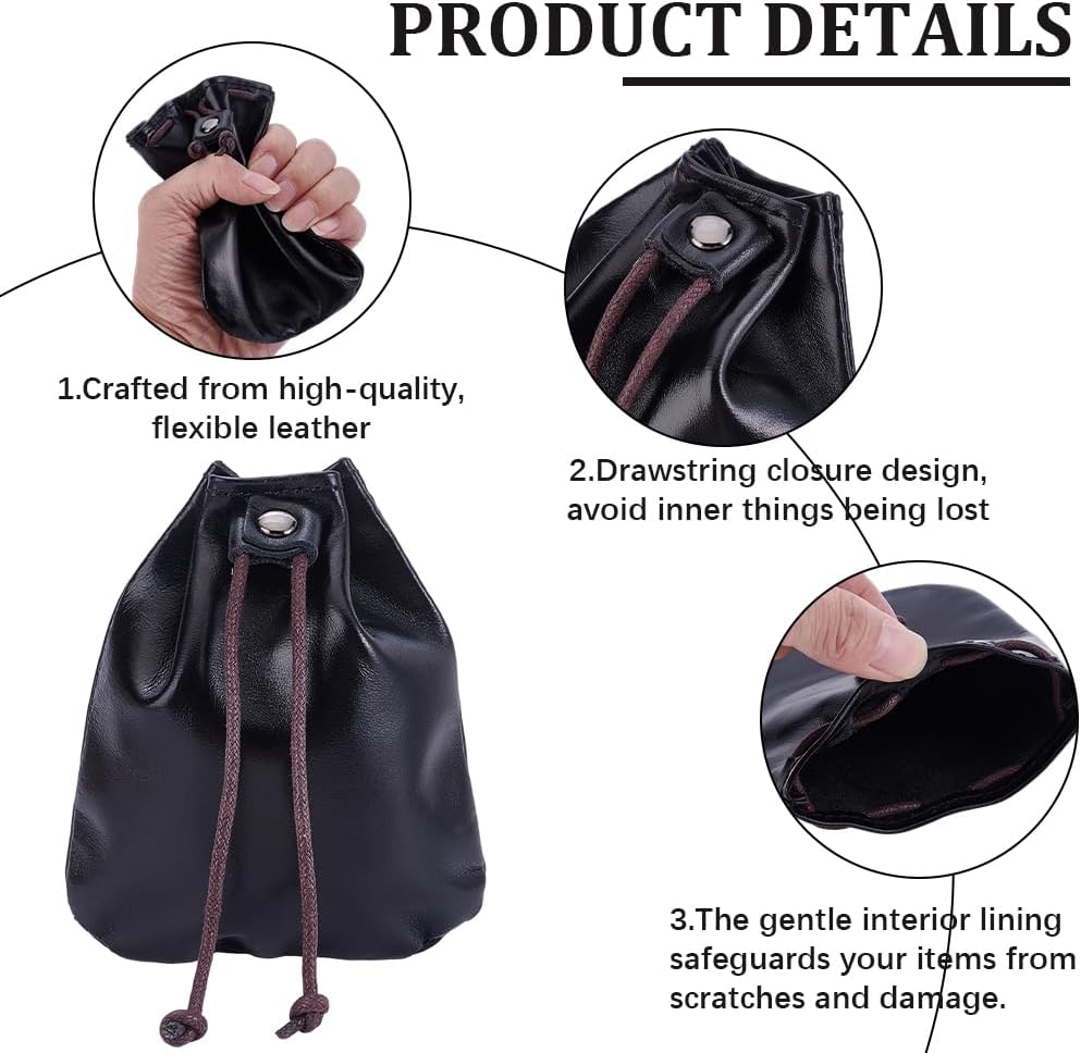 Beebeecraft Leather Drawstring Pouches Black 12x10cm Oil Wax Skin Cowhide Coin Pouches Money Bag Small Waterproof Vintage Coin Dust Wallet Jewelry Storage for Men Women