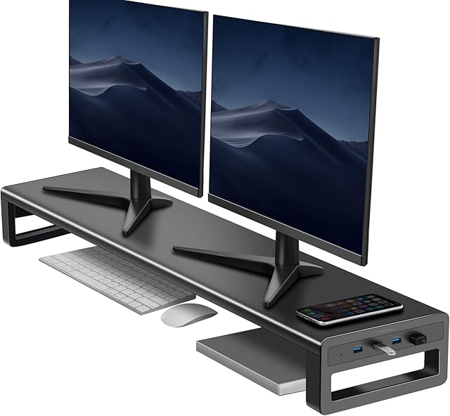 Vaydeer Dual Monitor Stand Riser with 4 USB 3.0 Ports, Metal Desk Computer Stand Shelf for 2 Monitors, Aluminum Office PC Screen Stand for Laptop, Computer, iMac, Printer up to 32 Inches - Black