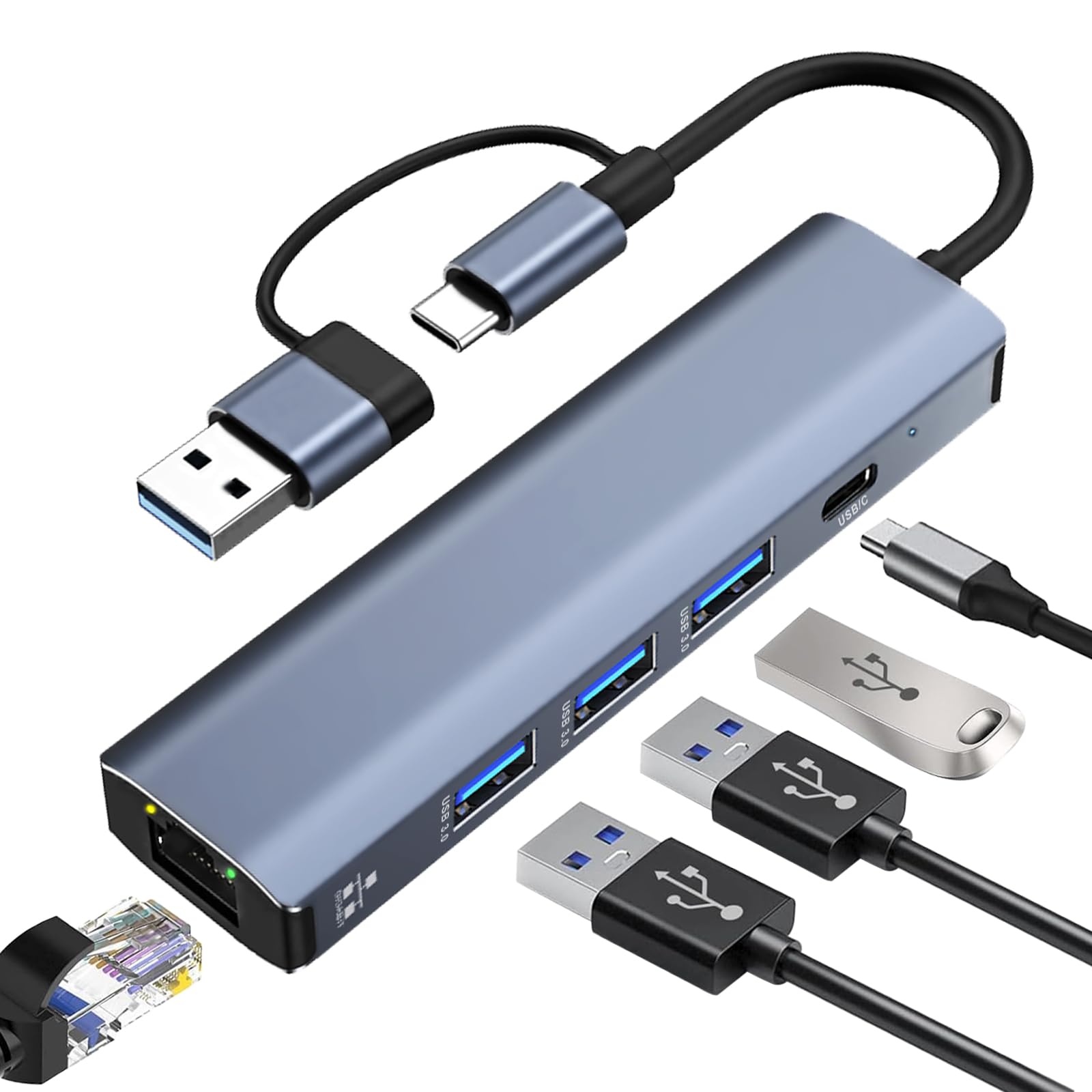 Adaptateur USB Ethernet 1000Mbps Hub Type-C 3.0 vers RJ45 Gigabit avec 3 Ports USB 3.0 et 1 Type-C