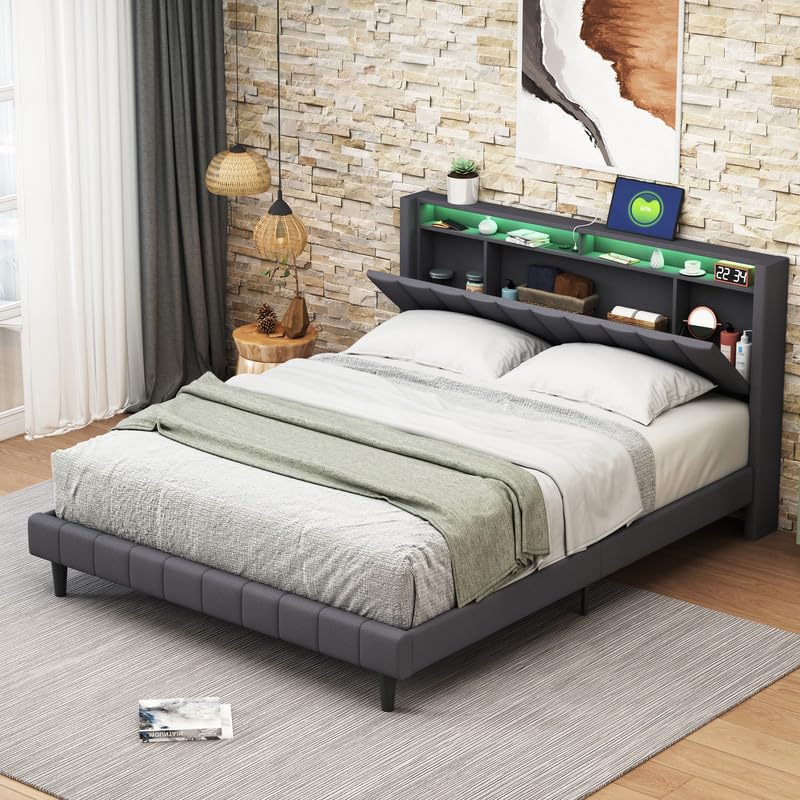 QMTXBYJ - Cama doble (140 x 200, marco de camas con somier de láminas, camas acolchadas, 140 x 200, cabecero LED con compartimento de almacenamiento y 2 USB, cama para adultos y adolescentes