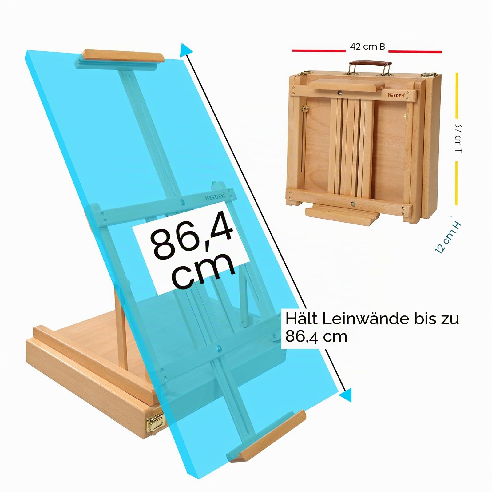 MEEDEN Skizzenkasten Tischstaffelei mit Metallschublade - Verstellbare Staffelei & Skizzenbox aus massivem Buchenholz, Kunststaffelei mit Stauraum für oder Plein Air, hält Leinwände bis zu 86,4 cm