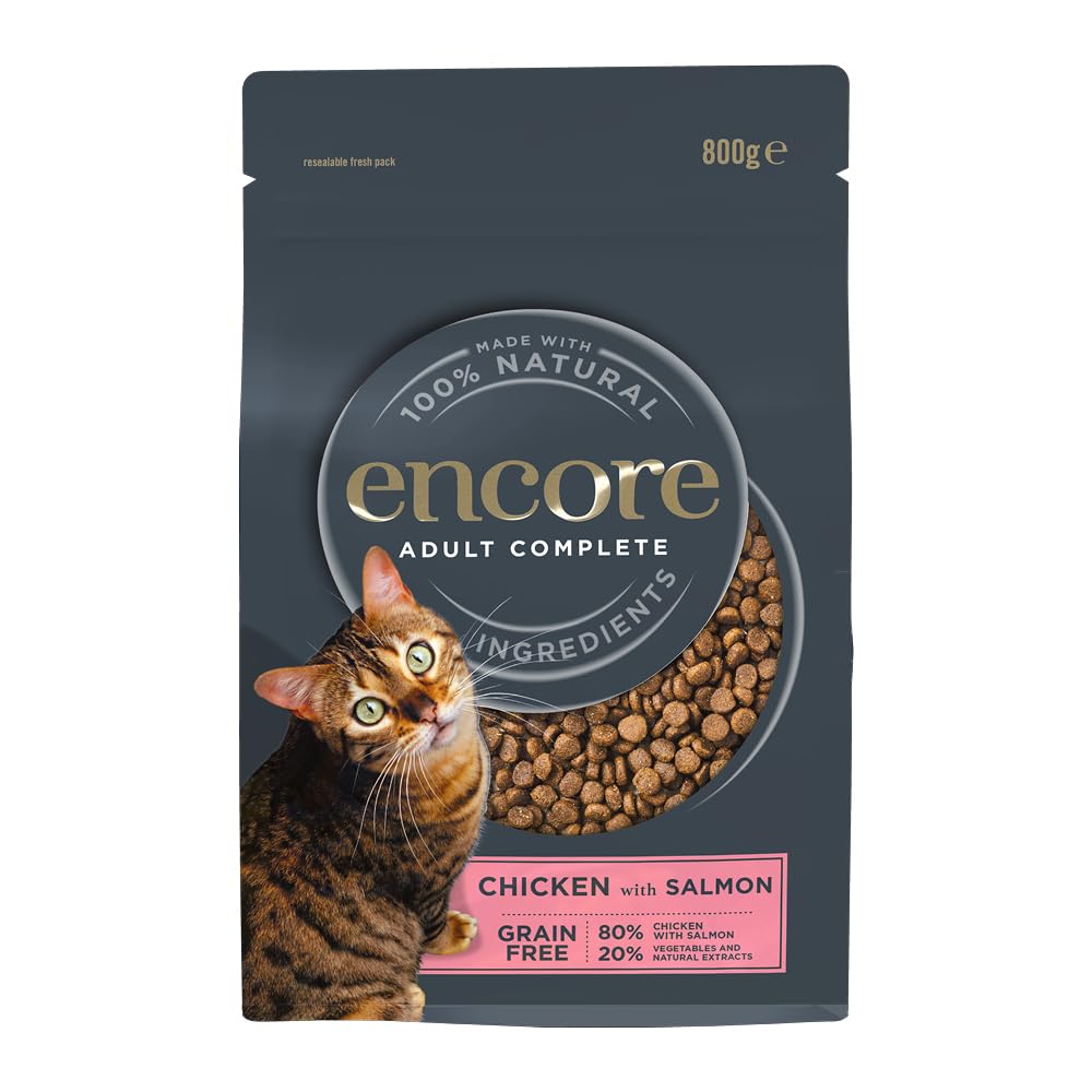 Encore komplettes natürliches getreidefreies Hühnchen mit Lachsgeschmack Trockenfutter für erwachsene Katzen - Packung mit 3 x 800g Beuteln