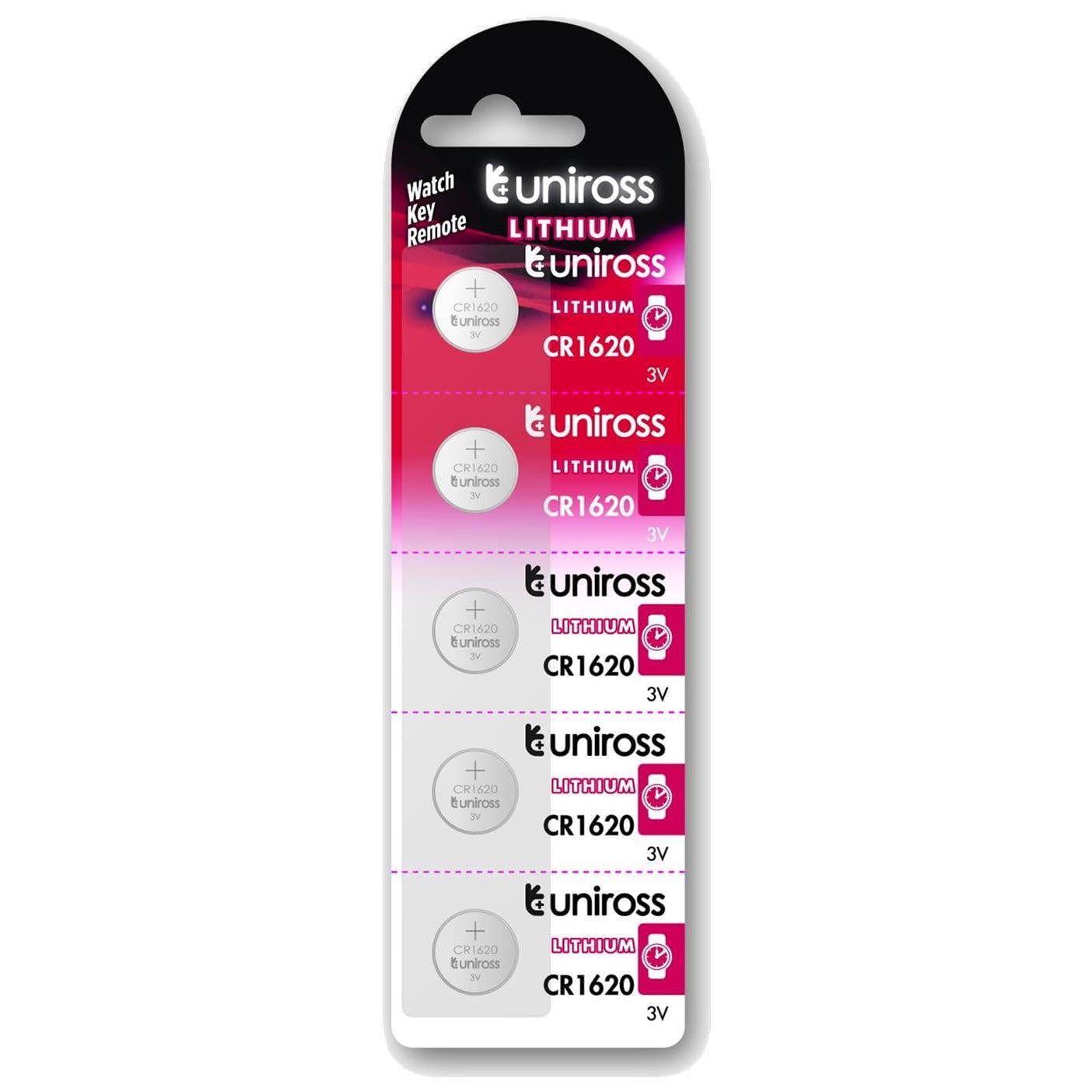 Uniross CR1620 Lithium Coin Cell Battery 3.0V Pack of 5 Batteries - Equivalent to BR1620, DL1620, ECR1620