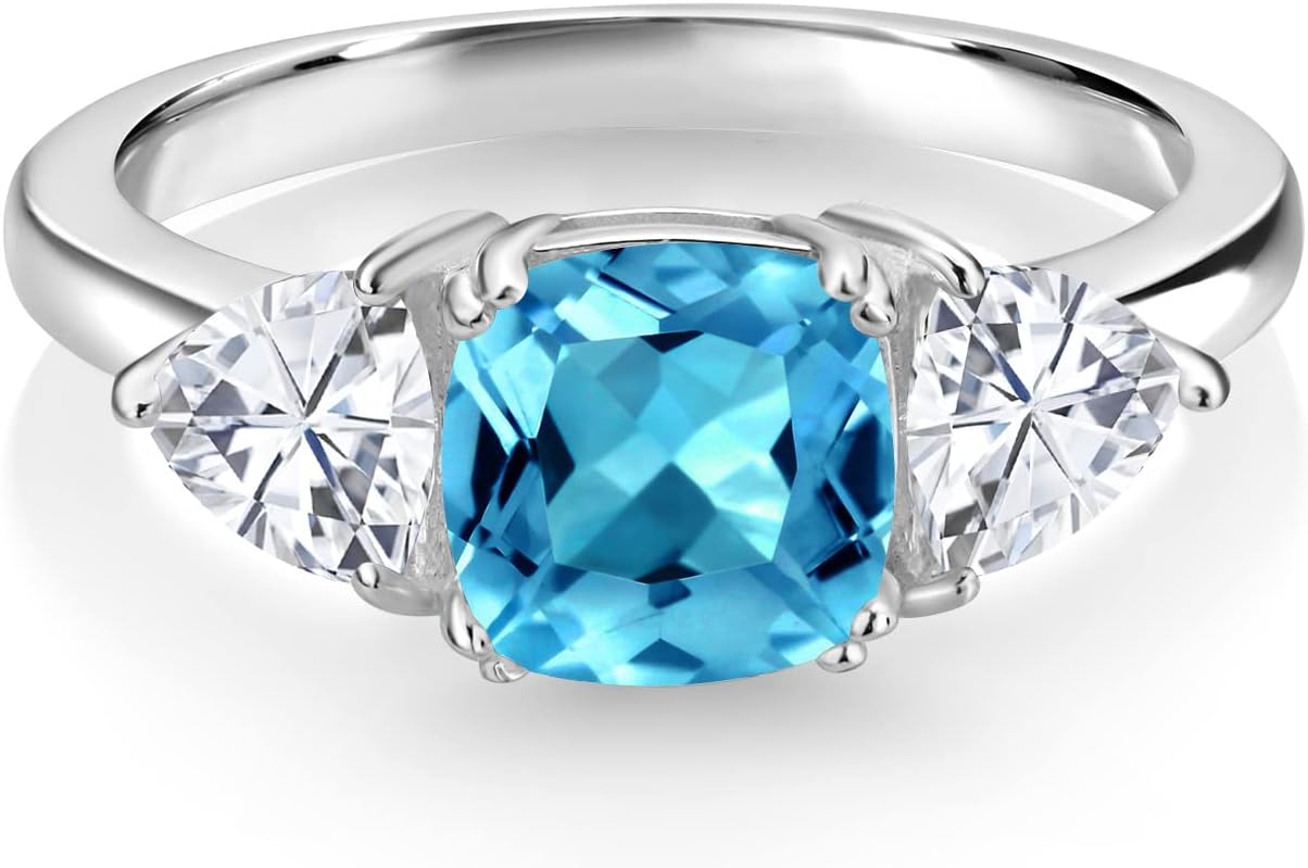 925 Sterling Silver Gemstone Birthstone and White Moissanite 3-Stone Engagement Ring for Women | 7MM Cushion and 5MM Trillion Accents | Three Stone Promise Anniversary Wedding Ring | Sizes 5-9