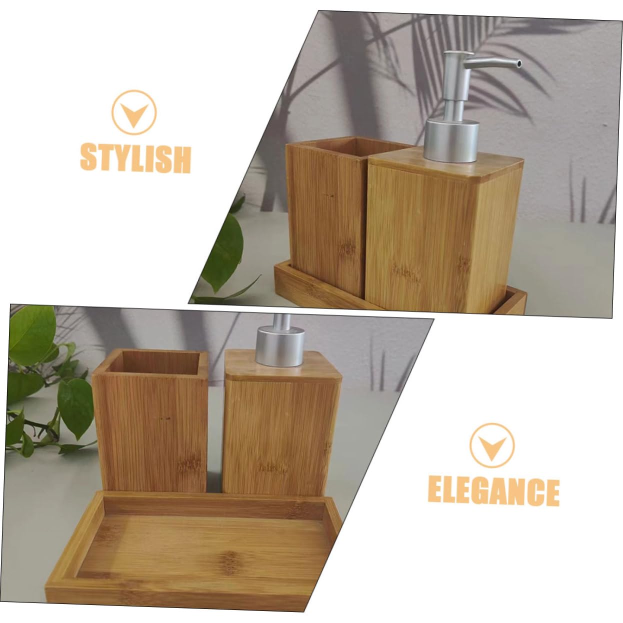 GLEAVI Set Di Accessori Per Bagno in Bambù, Dispenser Di Sapone Per Mani e Porta Spazzolino Da Denti Base, Contenitori Multiuso Per Uso Domestico Bagno e Lavabo