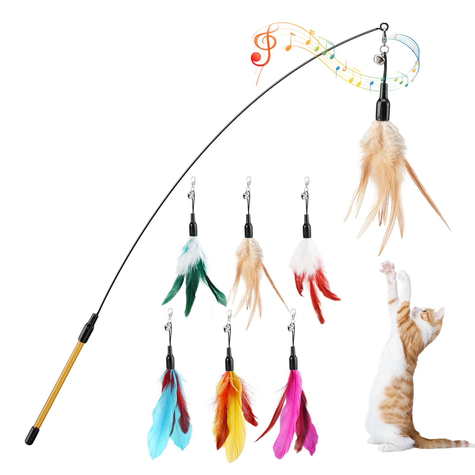 Pawaboo Feather Teaser Cat Toy, Interactive Wands Cats Toy Flying Feathers Cat Catcher with Extra Long 34.5" Wand and Small Bell, Playing Toys, 1 Wand + 6 Feathers, Multi-Color Feather Blend