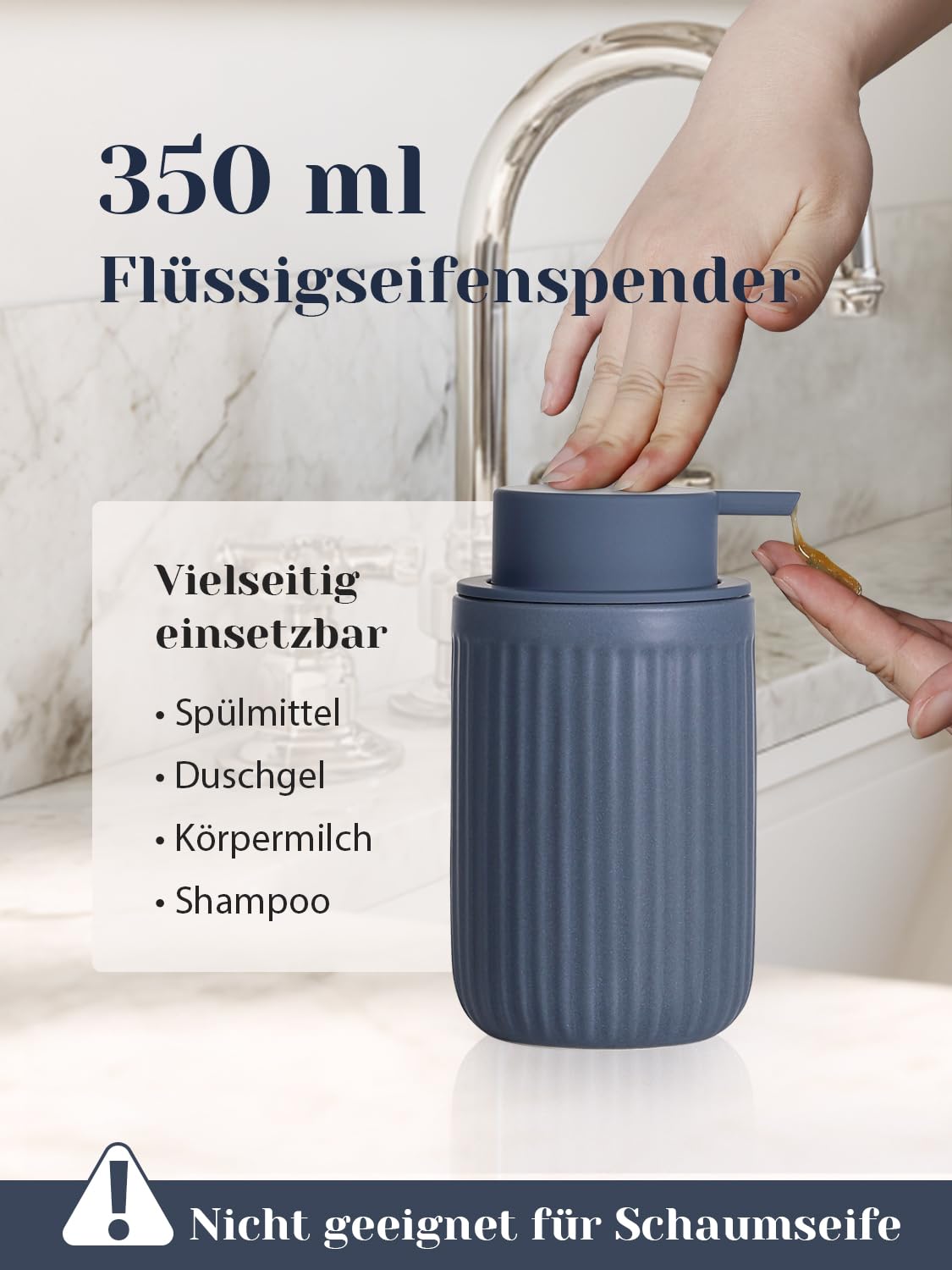 Set de baño azul, 4 piezas de accesorios de baño de cerámica, dispensador de jabón de 350 ml, vaso para cepillos de dientes, jabonera y recipiente para bastoncillos de algodón, set