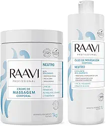 Kit Profissional Massagem, Óleo e Creme Neutro Corporal, Hipoalergênico, Raavi Livre de Parabenos e Silicone, 1kg e 1L, Alto Deslizamento, Hidratação Intensa
