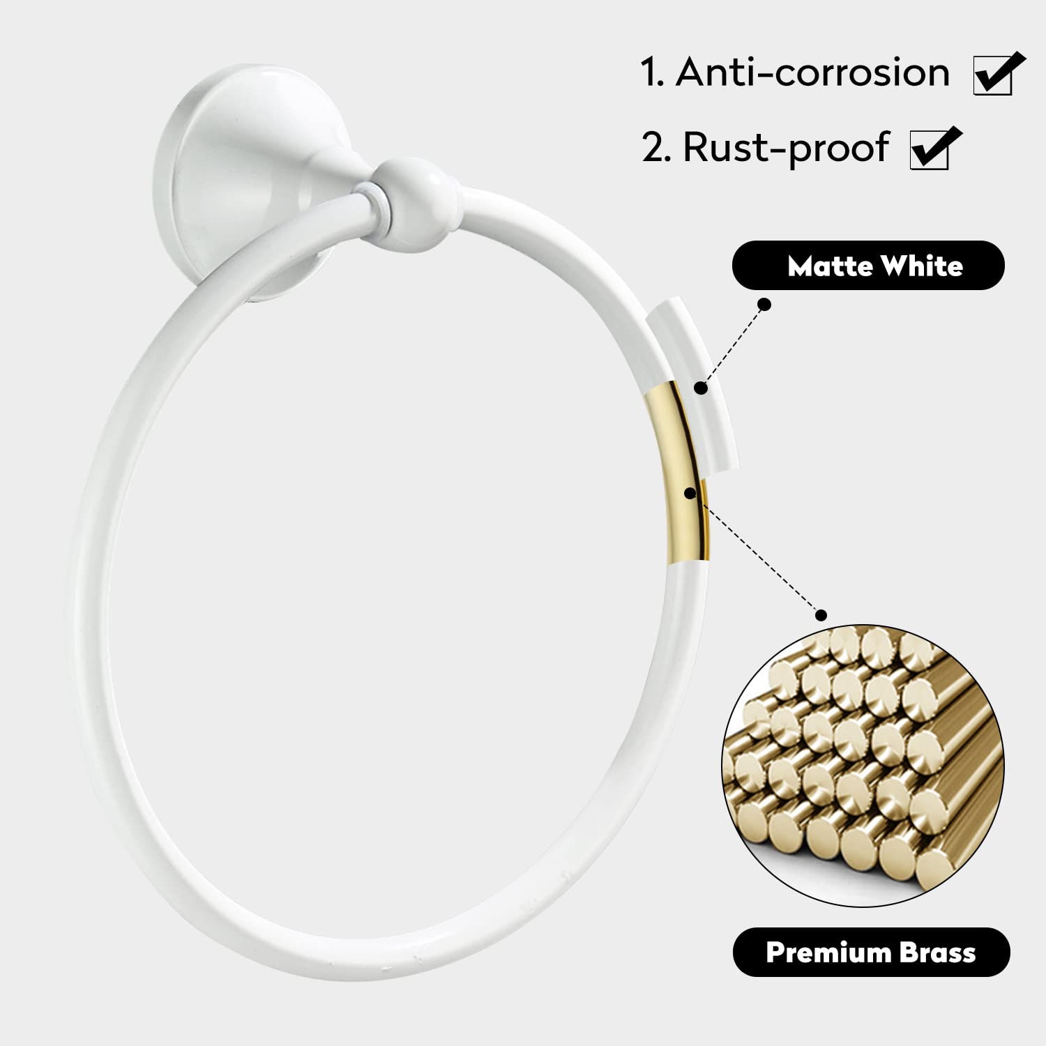 Soporte de Toalla Redondo, Anillo de Toalla Blanco, Toallero de Latón, Perforación Montada en la Pared Baño Cocina Ducha Habitación Elegante y Moderno