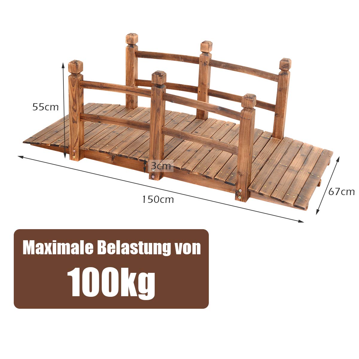 DREAMADE Holzbrücke für Garten/Dekoration, Teichbrücke aus massivem Holz, Dekobrücke Zierbrücke Gartenbrück mit Geländer