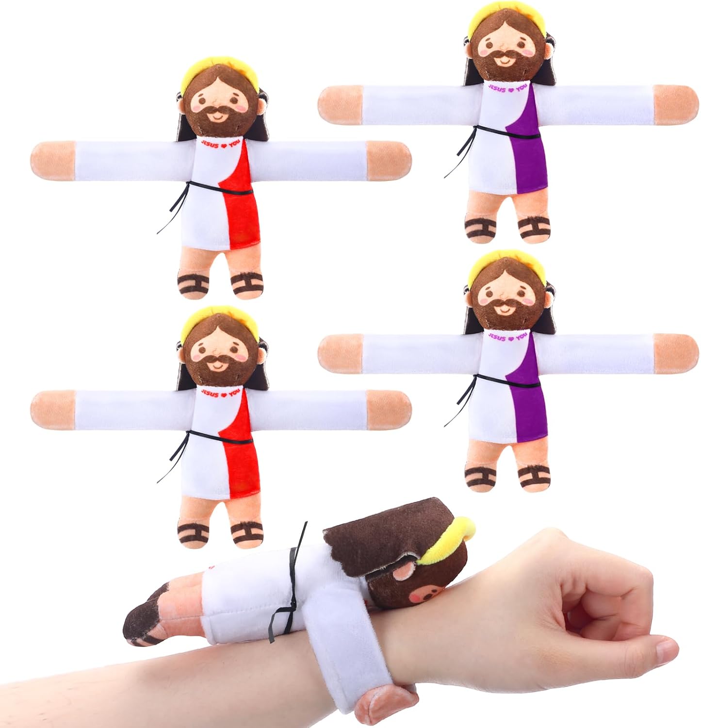 Leitee 4 Pcs Jesus Slap Bracelets for Kids Easter Christian Gifts Hugging Jesus Christian Wristbands Religious Plush Doll Bracelet Bulk for Easter Church Sunday School Classroom Prizes Party Favors