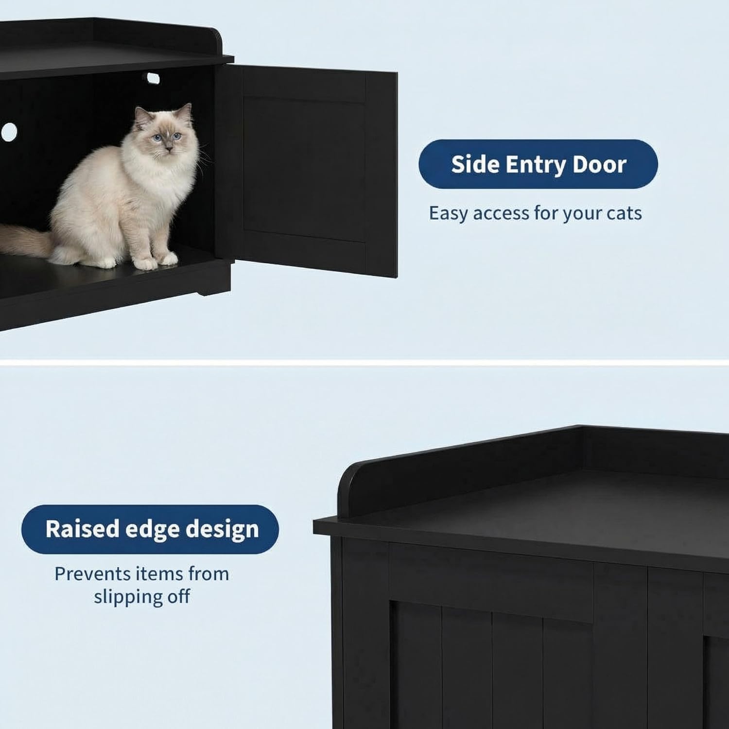Cat Litter Box Enclosure Furniture with Barn Door & Display Shelf, Wooden Hidden Litter Box Cover, Dog-Proof Design for Multiple Cats, Modern Cat House Furniture to Fit Most Litter Boxes - Black