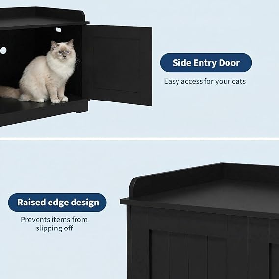 Cat Litter Box Enclosure – Hidden Litter Box Furniture with Cosy Perch, Fits Most Standard Litter Trays, Pet Washroom Furniture for Hallway, Bedroom & Living Room, 80 x 53 x 50 cm – Black