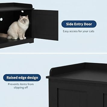 Cat Litter Box Enclosure – Hidden Litter Box Furniture with Cosy Perch, Fits Most Standard Litter Trays, Pet Washroom Furniture for Hallway, Bedroom & Living Room, 80 x 53 x 50 cm – Black