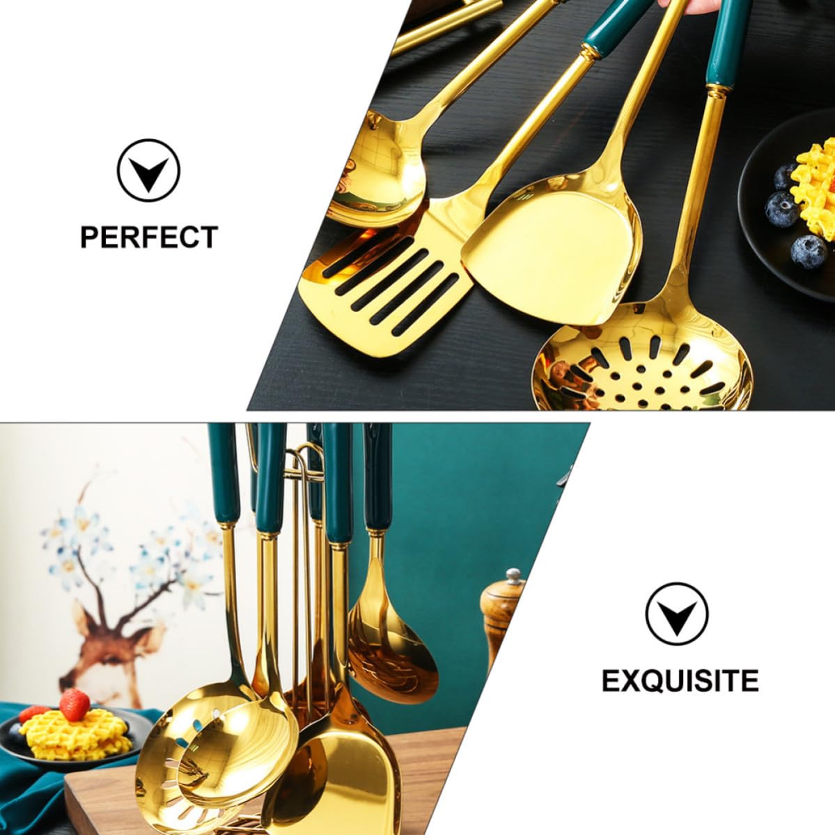iplusmile Set Utensili per Cucina in Acciaio Inossidabile Manico Ceramico Resistente al Calore, 7 Pezzi per Cucinare e Cuocere, la Famiglia e Amici
