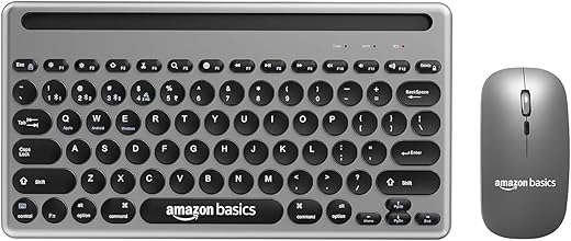 Amazon Basics Wireless Keyboard and Mouse Set with Bluetooth multiconnect, 2.4GHz Receiver,1600 DPI, Smartphone/Tablet Holder, Built in…
