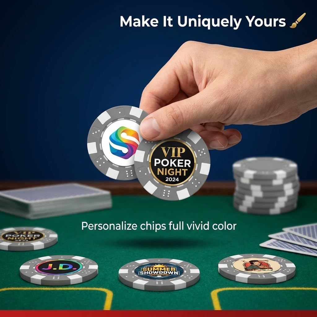 Custom Poker Chips, Personalized Clay Casino Chips (11.5g) with Your Logo or Text, Pack of 50 – Poker Night, Weddings, Bars & Events, Groomsmen Gifts