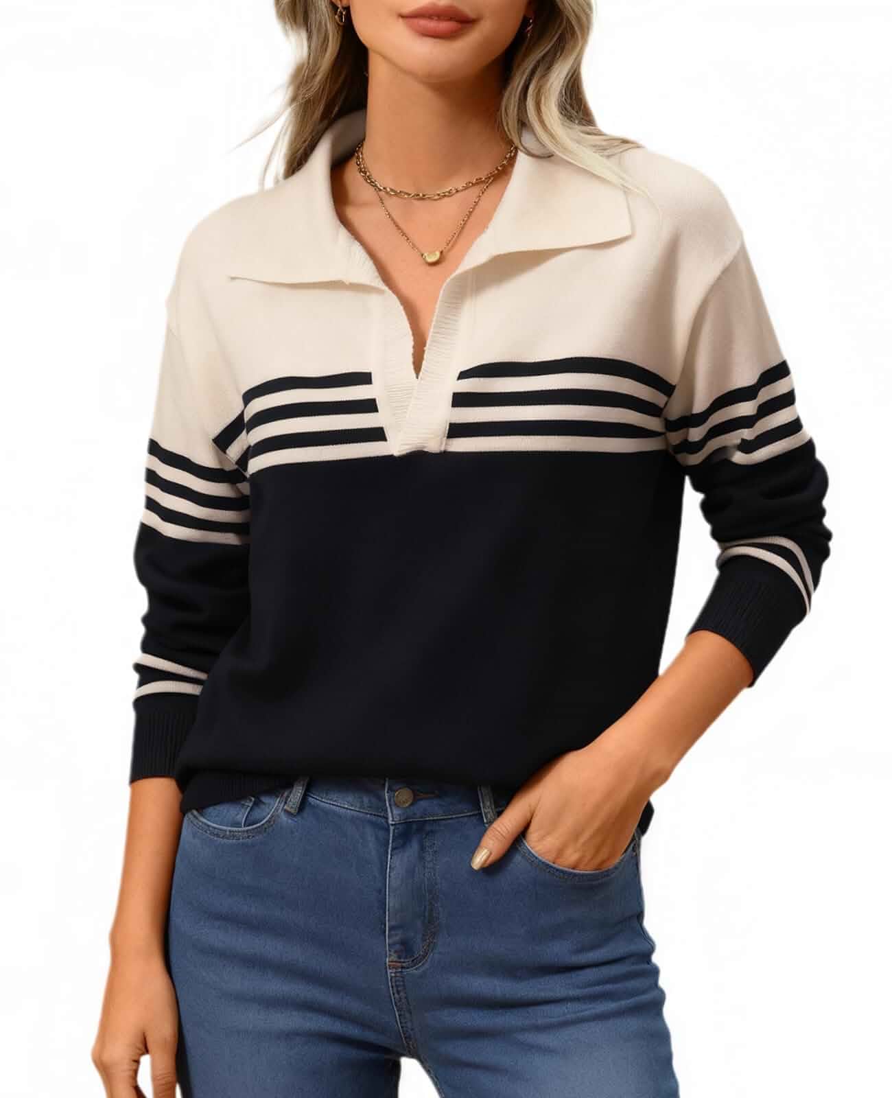 Women's V Neck Sweater Fall Casual Striped Color Block Long Sleeve Polo Pullover Soft Knitted Sweaters Striped