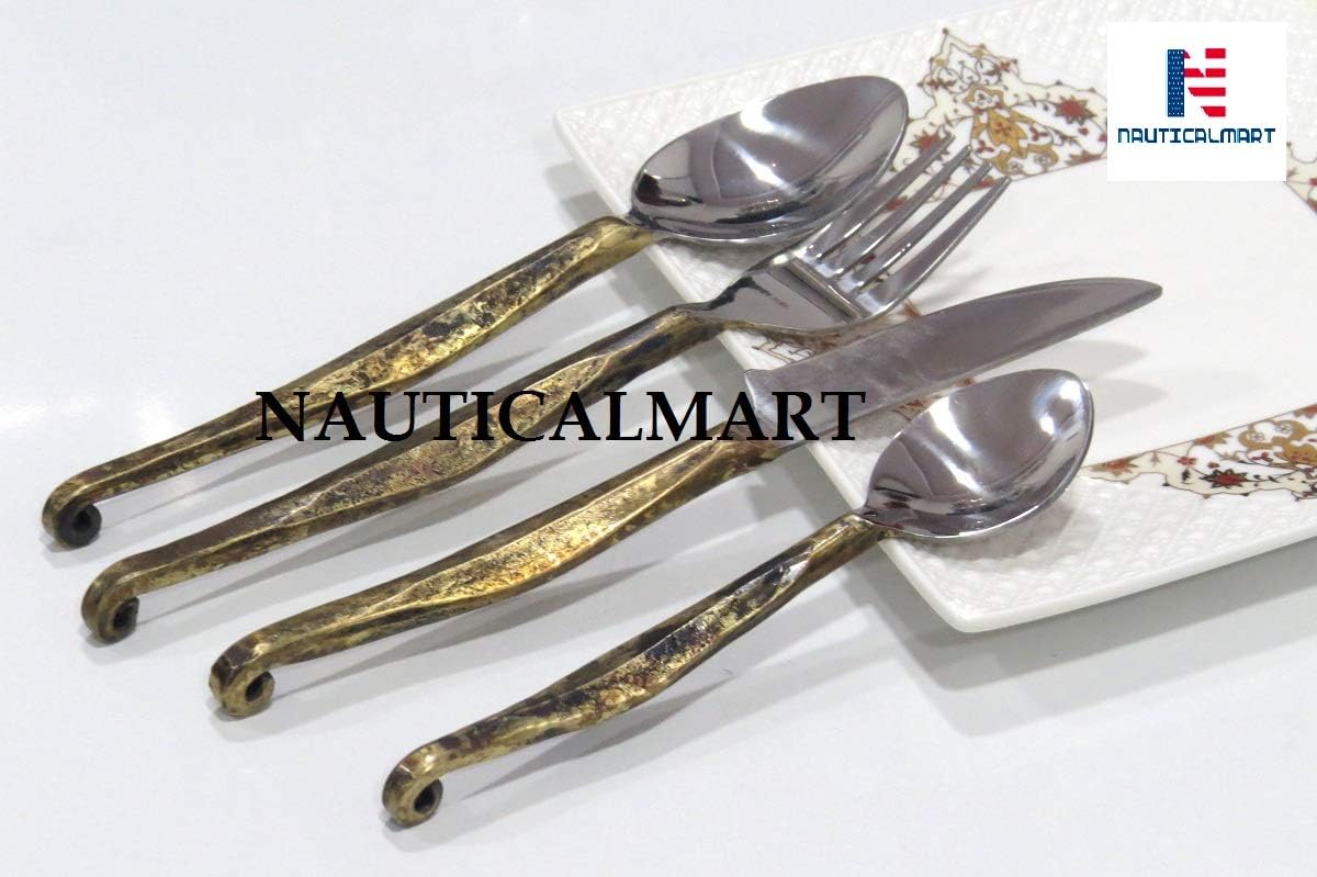 Stainless Steel Cutlery Set, Brass Antique Ridge Design Include Fork Spoon Knife Utensils for Daily Use and Party, Cutlery Set Service for 4, Safe in Dishwasher