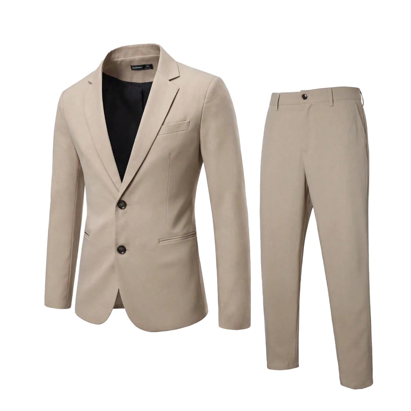 Generisch Tuta da uomo in lino, estiva, tweed, smoking, da spiaggia, con due bottoni, blazer, pantaloni leggeri, vestibilità regolare, giacca in tinta unita, set classico da 2 pezzi