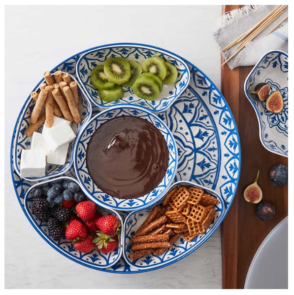 Generic Lazy Susan Large 7 piece Serveware Set with Lid for Dining or Party - Condiment Salad Chips Nachos Pita or Taco Preperation Set - Cheese Platter, Blue