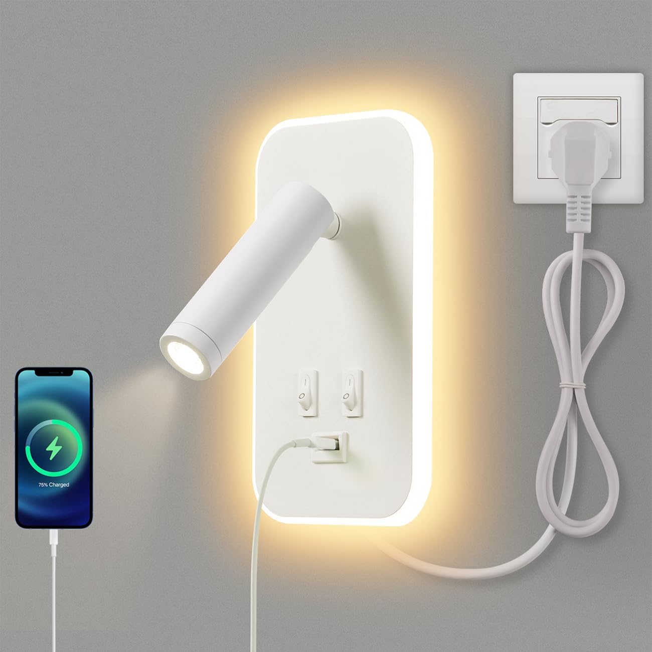 Applique murale LED,liseuse de chevet avec interrupteur,port de charge USB,éclairage d'ambiance réglable pour chambre à coucher (lumière naturelle 3W+lumière chaude 9W) Avec fiche câble,Blanc