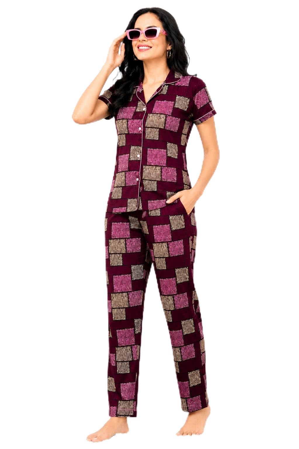 Komfort Partner Women's Cotton Night Suit Maroon Check Print-picture-15
