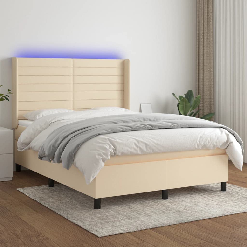Tkanina LED regulowany zagłówek 140x190 Kremowy | Łóżko kontynentalne z materacem 140x190 cm kremowe tkanina LED sprężynowe z zagłówkiem
