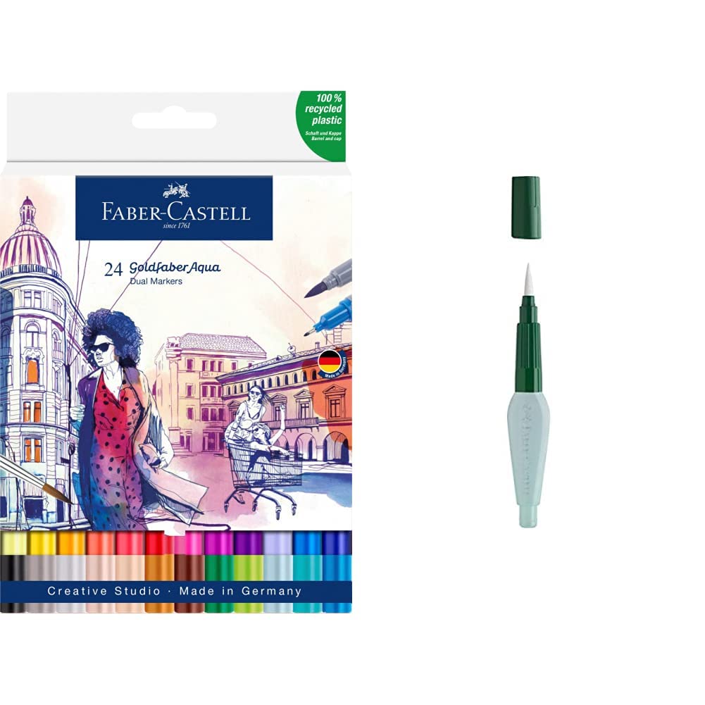 Faber-Castell 164624 - Goldfaber Aqua Dual Marker, mit Pinselspitze und Fineliner Spitze, 24er Etui & 185105 - Art & Graphic Wassertankpinsel, 1 Stück, medium brush