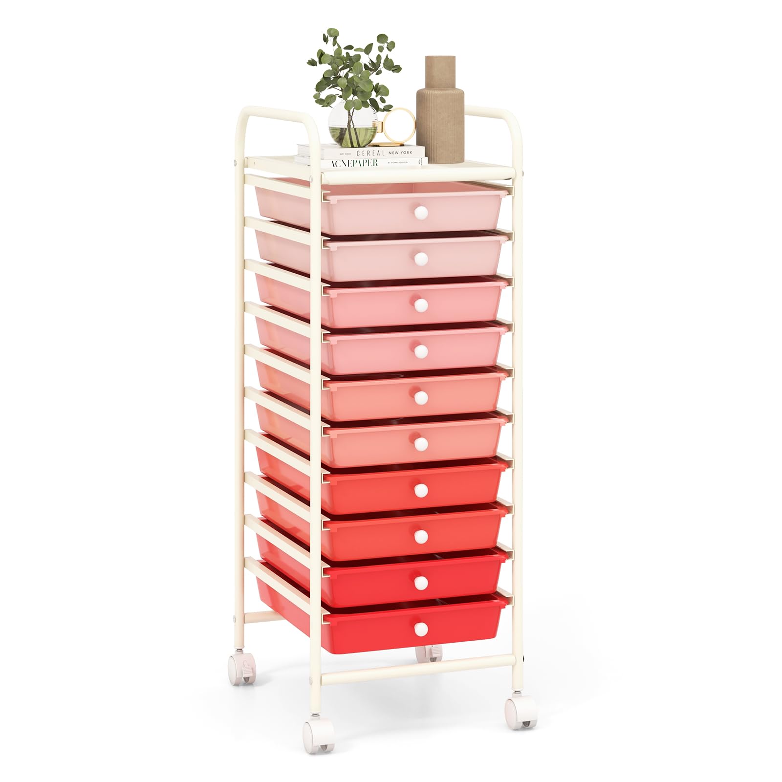 HOMASIS Carrito de almacenamiento con 10 cajones, Carro de servicio con estructura de metal y PP, Carro lateral con ruedas bloqueables para salón, dormitorio, oficina, 38x33x86,5cm (gradiente rosado)