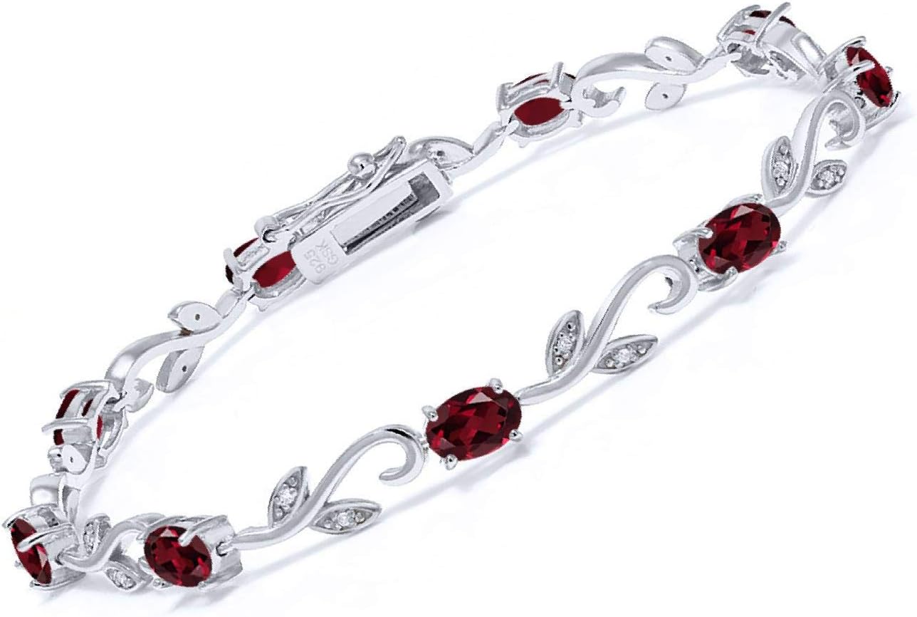 Gem Stone King 4.63 Cttw Red Rhodolite Garnet and Diamond Greek Vine Tennis Bracelet For Women | 925 Sterling Silver | Gemstone Birthstone Oval 6X4MM | 7 Inch