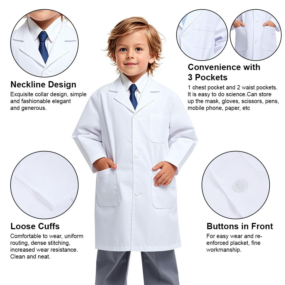BSBUY Child's White Lab Coat, 4 Pcs Unisex Kid Scientist/Doctor Costume, Cotton/Polyester Blend, Machine Washable, XL - Image 3