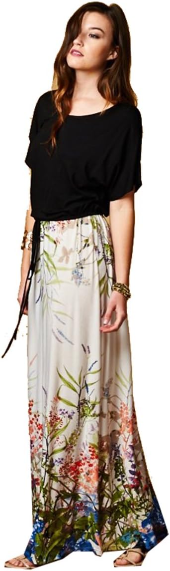On Trend Short Sleeve Watercolor Florals Drawstring Belt Dress (Large) Blue