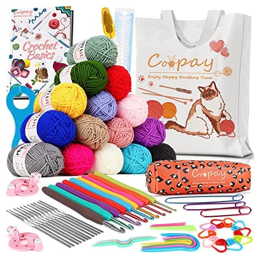 Kit de crochê Coopay para iniciantes com linha de 15 cores, conjunto com 71 peças, kit de crochê amigurumi para crianças/adultos, bolsa de lona de gatos, instruções e acessórios completos de crochê