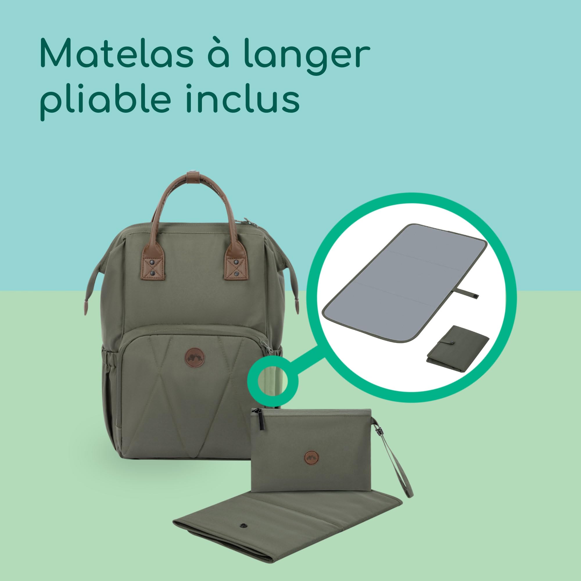 Bebeconfort Sac à Langer Bebe, avec Matelas à Langer Bebe, Sac à Dos pour Poussette à Grandes Poches, Poches Isothermes et Sangles de Fixation Poussette, Finitions en Cuir Elégantes, Mineral Green