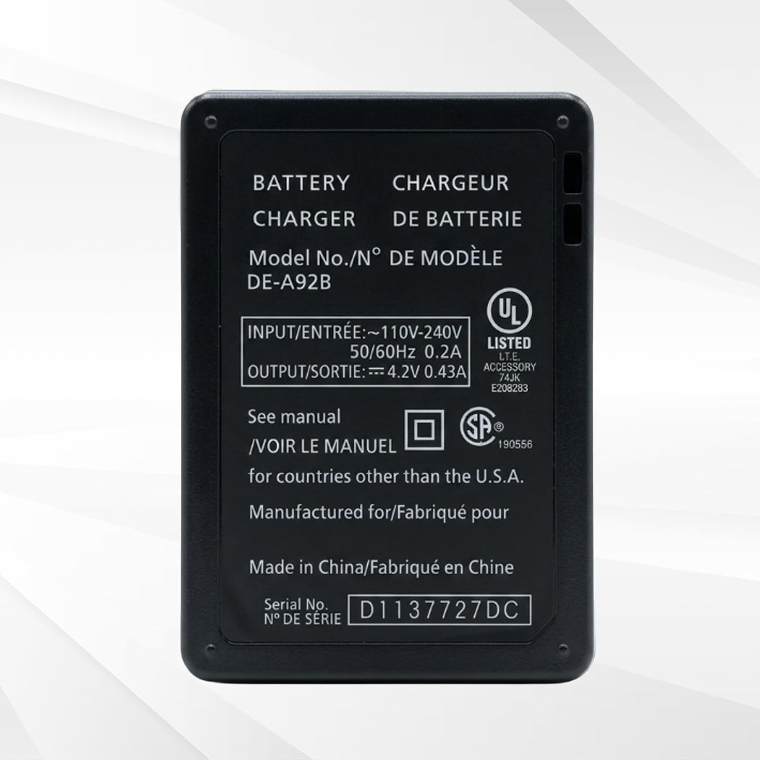 DE-A92 DE-A91 Camera Battery Charger for Panasonic DMW-BCK7 DMW-BCK7E DMW-BCK7GK DMW-BCK7PP ACD-341, NCA-YN101F NCA-YN101G NCA-YN101H NCA-YN101J Battery Power Supply Cord