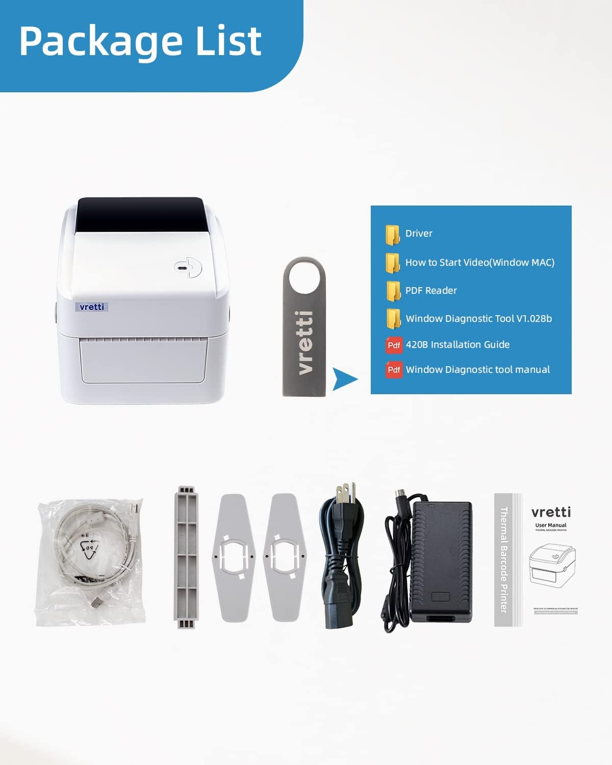 Contents of the vretti thermal label printer package including printer, cables, and accessories.