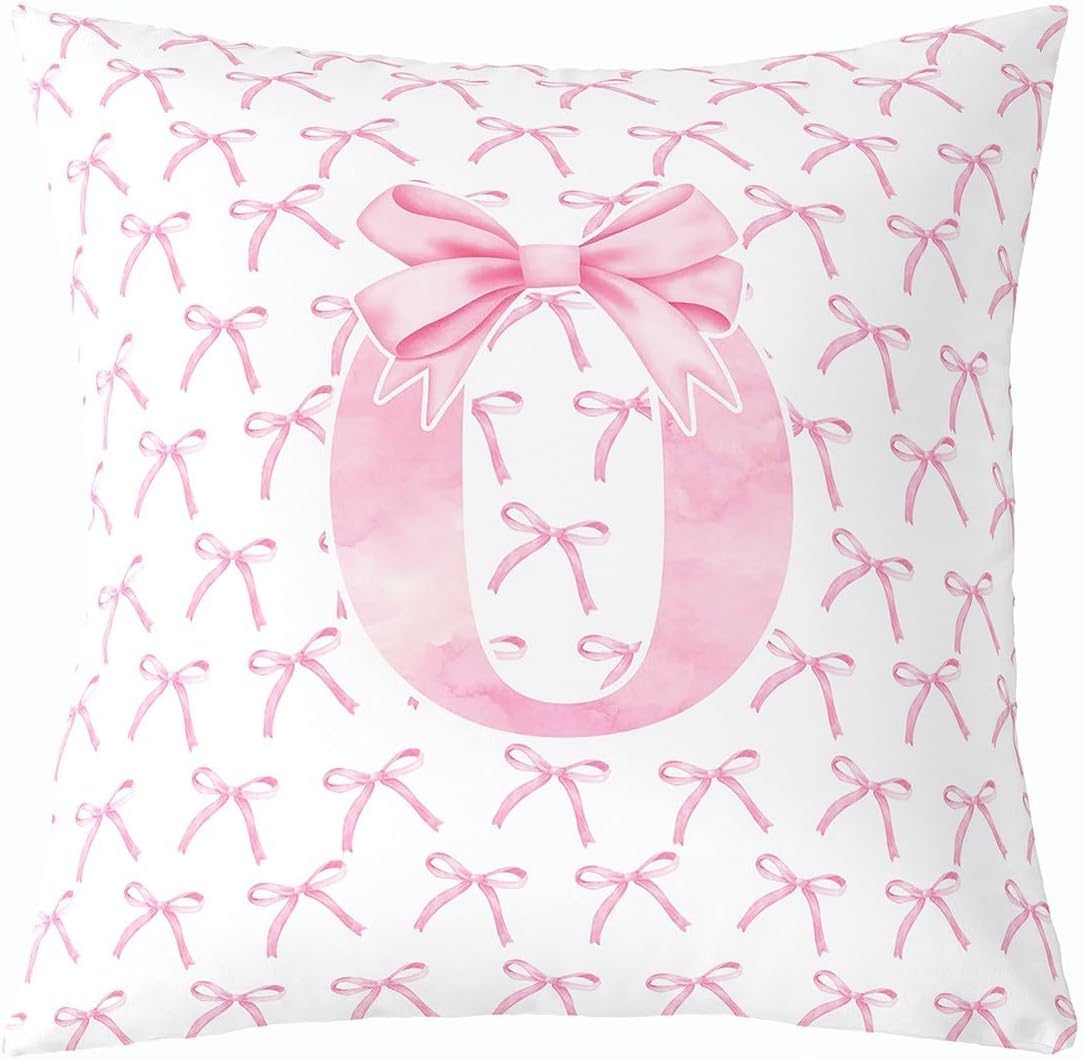 Cartoon Bowknot Kids Throw Pillow Cover,Pink Bow Tie Letter O Knot Princess Double Sides Pillow Case Girls Women,Watercolor Bow Patchwork Pink White Bed Couch Sofa Cushion Cover,Single Pack 18"x18" — image 1