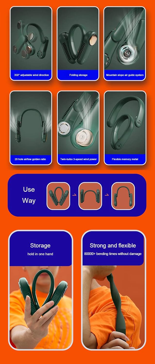 Portable Neck Fan, Hands Free Bladeless Fan,Super Quiet, 3 Speeds, 2400Mah Personal Wearable Neck Fan, USB Powered Neck Fan for Outdoor Indoor,White