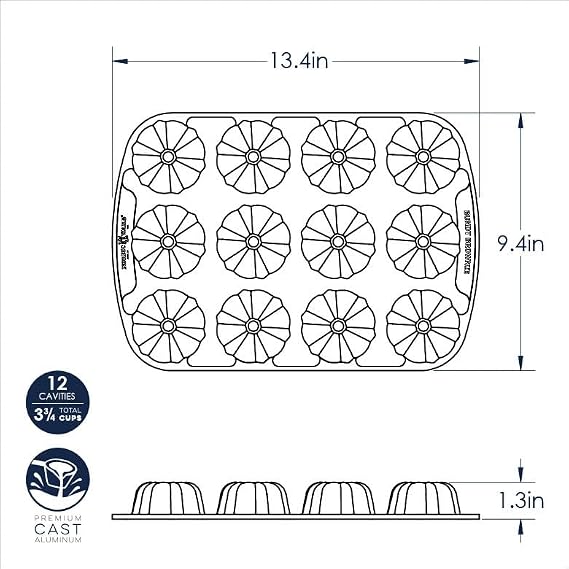Nordic Ware Pro-Cast Mini Bundt Brownie Tin, Cast Aluminium Cake Tin for Mini Bundt Cakes, 4 Cup Non-Stick Pan Made in the USA, Colour: Graphite