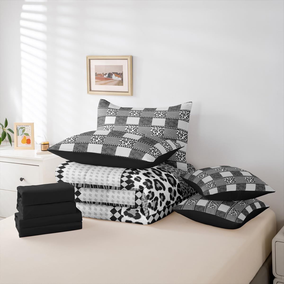 Feelyou Leopard Zebra Print Queen Comforter Set with Sheets for Kids Boys Girls Patchwork Animal Print 7 Pieces Bedding Set Black Grey Leopard Bed in a Bag Room Decor Soft Lightweight Microfiber