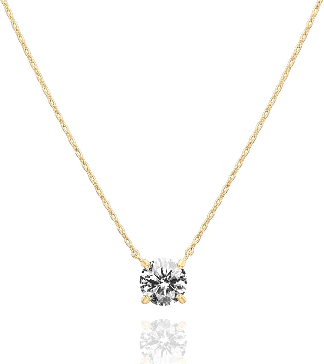 PAVOI 14K Gold Plated Crystal Solitaire 1.5 Carat (7.3mm) Cubic Zirconia Dainty Choker Necklace | Gold Necklaces for Women