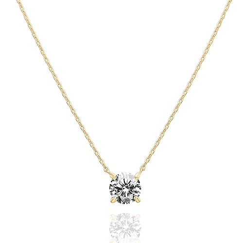 PAVOI 14K Gold Plated Crystal Solitaire 1.5 Carat (7.3mm) Cubic Zirconia Dainty Choker Necklace | Gold Necklaces for Women - Yellow Gold - 18k gold vermeil
