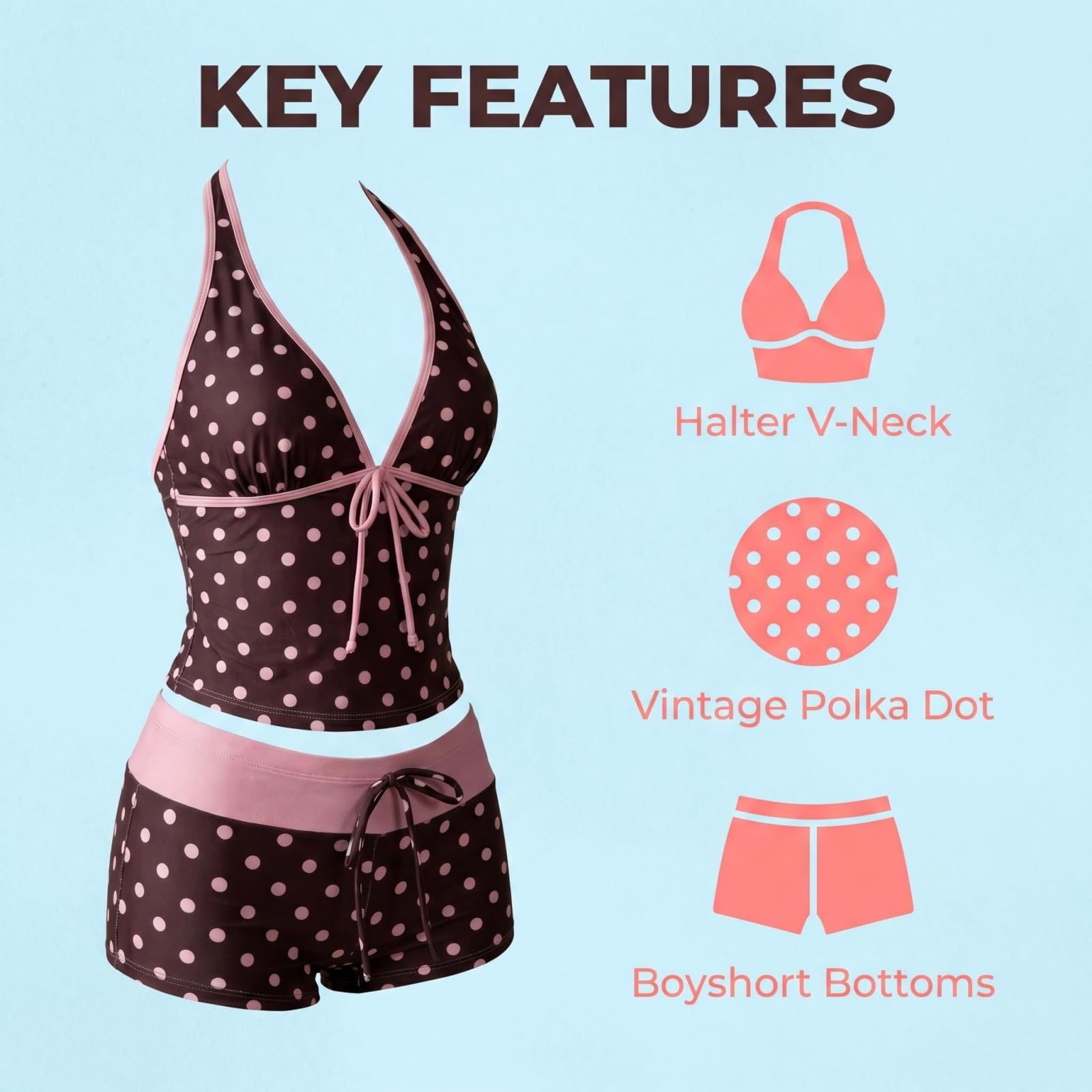 Generisch Damski kostium kąpielowy Polka-Dot-Tankini, Y2K, wiązany na szyi z szortami, letni, słodki strój kąpielowy w stylu retro na urlop na plaży