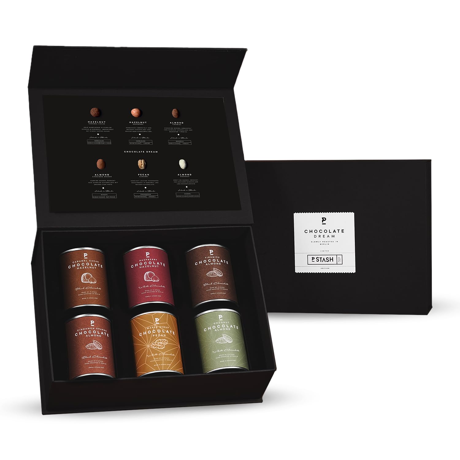 P-Stash Black Box Mix di Noci Chocolate Dream – Confezione da 6 – Pecan, Nocciole & Mandorle – Noci al cioccolato con spezie uniche, tostate a mano a Berlino