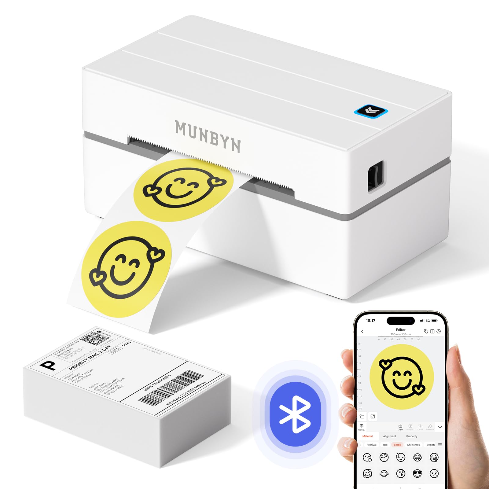 MUNBYN DHL Etikettendrucker Bluetooth, Label Printer 4x6 Versandetiketten Drucker, Thermodrucker Labeldrucker für Shopify, Ebay, Etsy, DHL, DPD, GLS, UPS, mit 25 Etiketten, Ohne Tinte, 130B Weiß