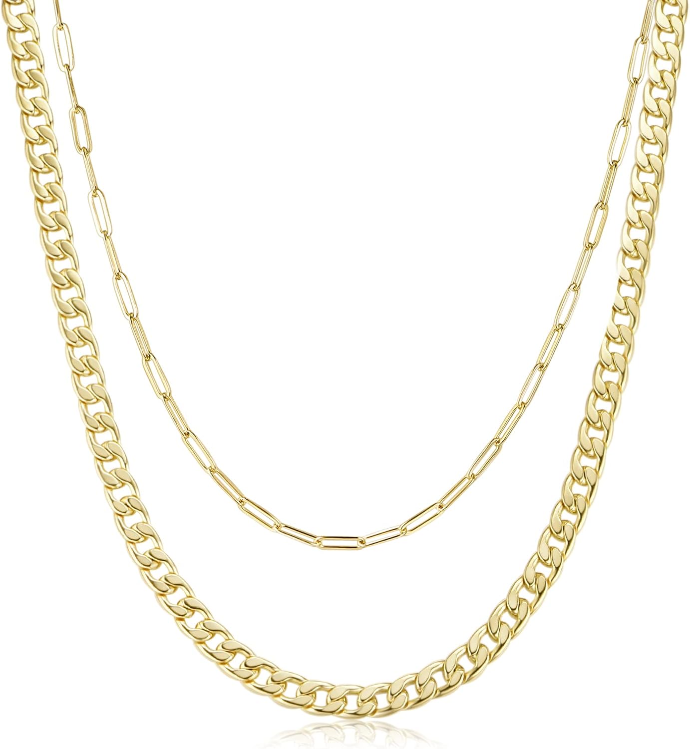 NUZON Fashion Cuban Link Chain Necklace and Gold Paperclip Chain Necklace Set