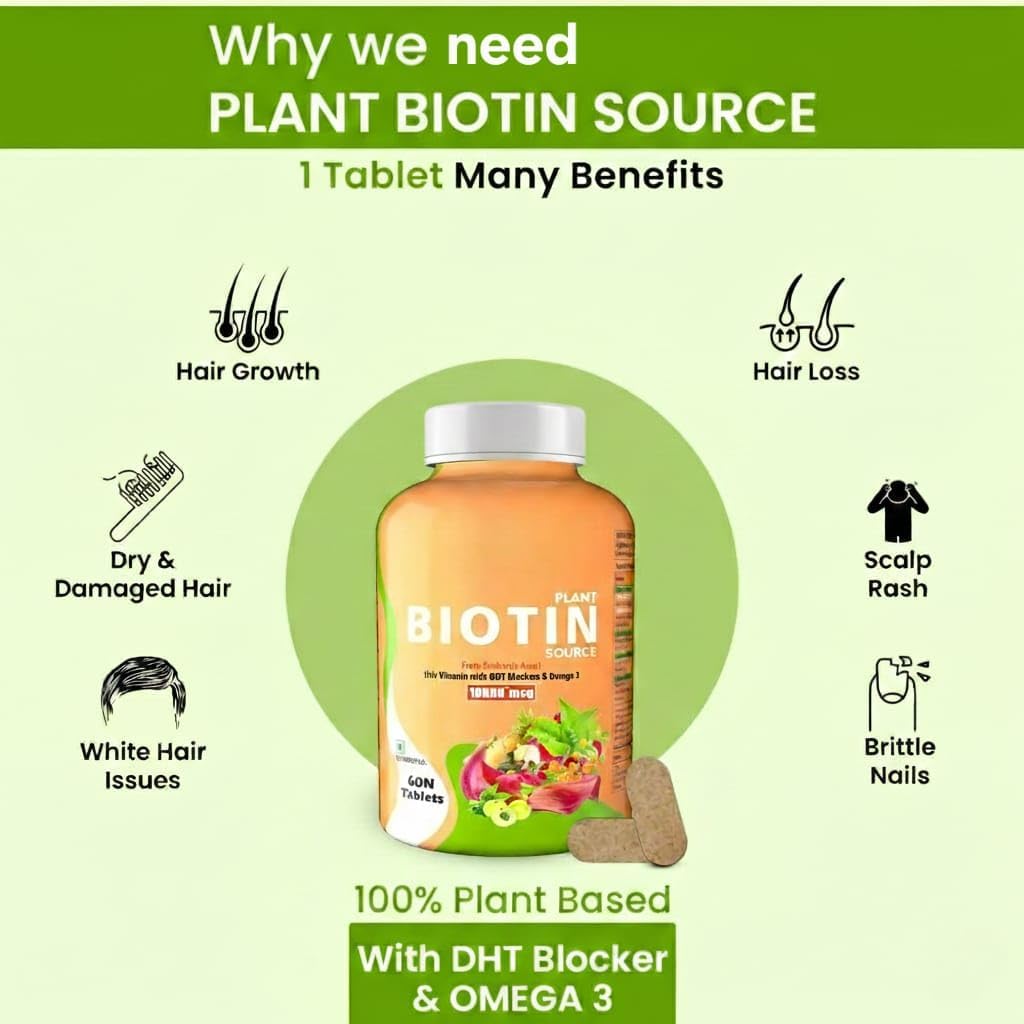 Plant Based Biotin Tablets with High Protein Vitamin DHT Omega 3 for Strong Hairs, Nails Growth & Glowing Skin - 60 Tablets