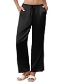 Womens Silk Satin Pajama Pants Casual Comfy Sleep Pants Pocketed Elastic Waist Wide Leg Pj Bottoms with Lace Trim