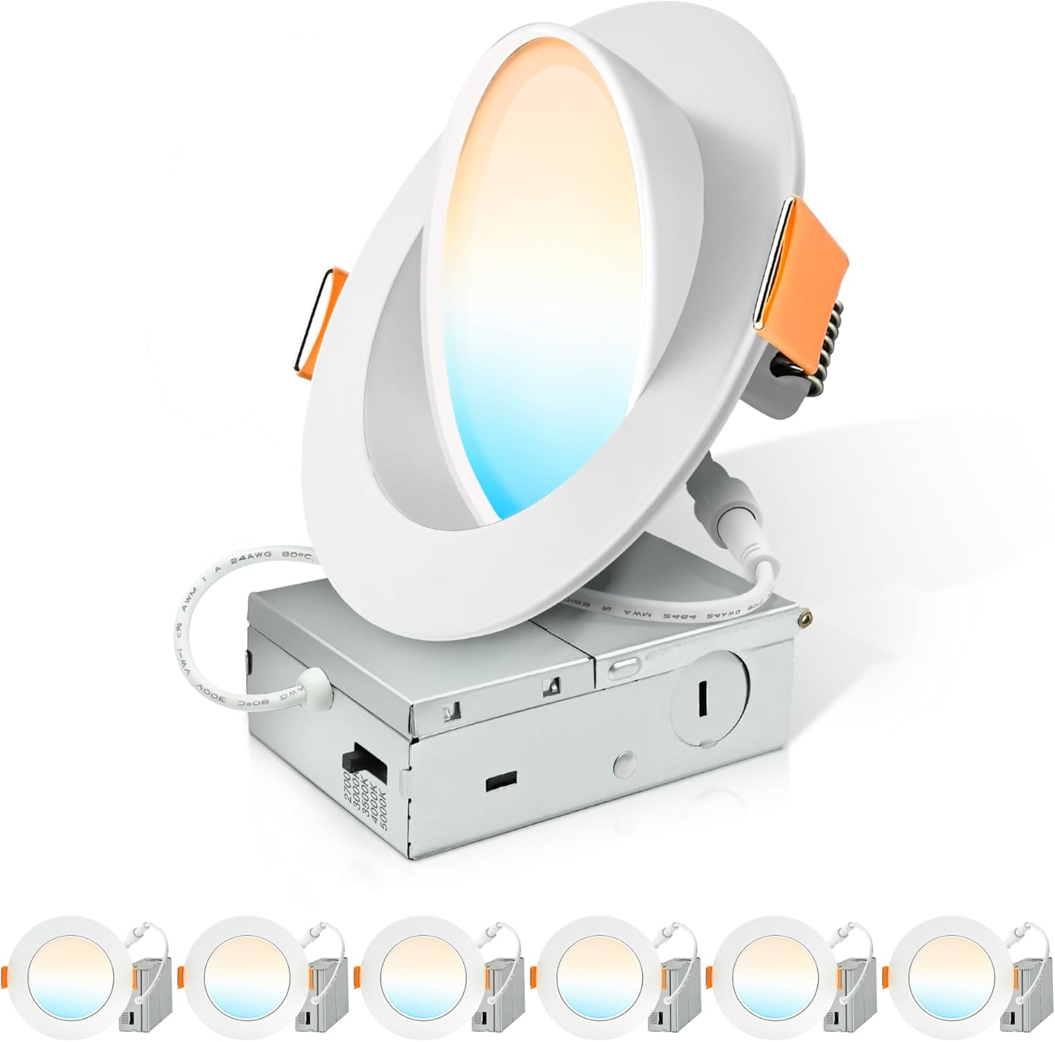 ASD 4 Inch Gimbal LED Recessed Light, 9W 5CCT 2700K-5000K CRI90+, Adjustable 355° & 90° Eyeball Lights, IC Rated Dimmable Downlight, Ceiling Air Tight Directional Lighting, ES & ETL, White, 6 Pack